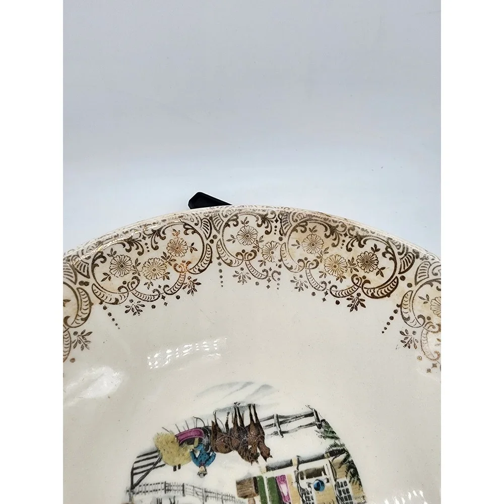 Royal Monarch Currier & Ives Winter Scene Bowl 22KT Gold Filigree Rim Vintage
